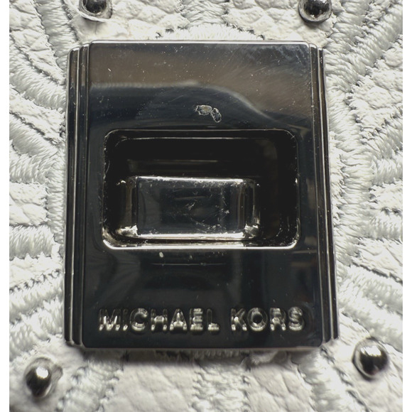 Michael Kors Cassie Large Satchel Leather Handbag Optic White Floral Cutout New - Picture 3 of 14